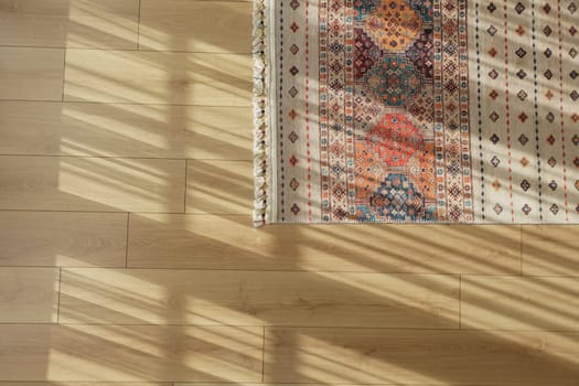 Sunlight shines through blinds, highlighting a colorful rug on the floor.