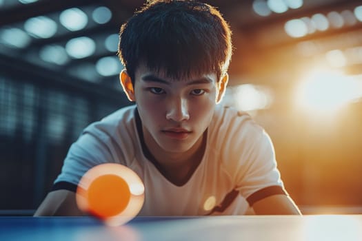 Blurred image of an Asian guy playing table tennis.