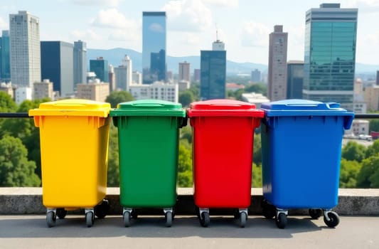 Colorful trash containers on a rooftop overlooking the city. Recycling and environmental initiatives for sustainable development. AI generated.