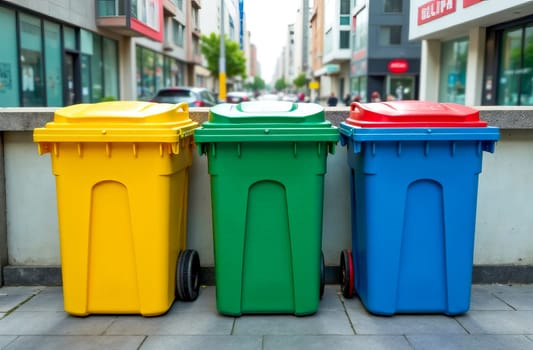 Colorful trash containers on a rooftop overlooking the city. Recycling and environmental initiatives for sustainable development. AI generated.