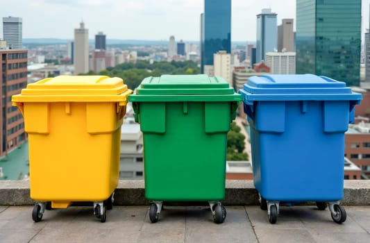 Colorful trash containers on a rooftop overlooking the city. Recycling and environmental initiatives for sustainable development. AI generated.