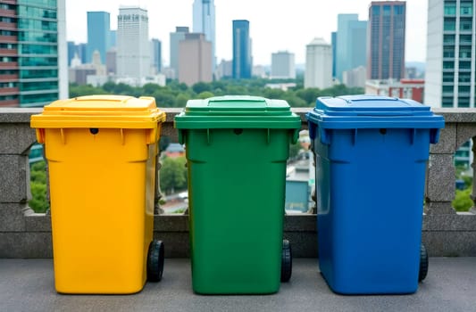 Colorful trash containers on a rooftop overlooking the city. Recycling and environmental initiatives for sustainable development. AI generated.