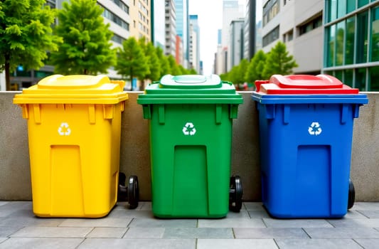 Colorful trash containers on a rooftop overlooking the city. Recycling and environmental initiatives for sustainable development. AI generated.