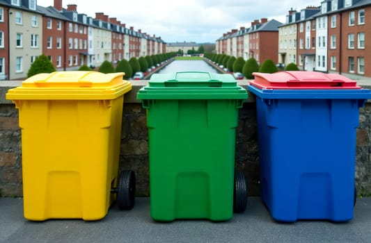 Colorful trash containers on a rooftop overlooking the city. Recycling and environmental initiatives for sustainable development. AI generated.