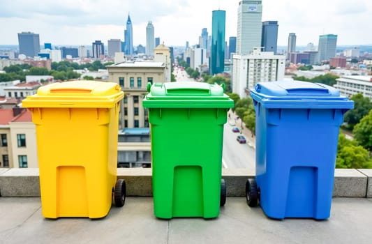 Colorful trash containers on a rooftop overlooking the city. Recycling and environmental initiatives for sustainable development. AI generated.