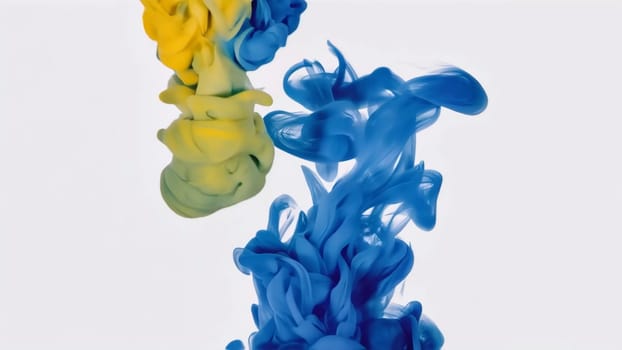 Swirling blue and yellow paints mix together, forming a stunning abstract composition filled with flowing ink and liquid textures, captivating the viewer with its lively colors.