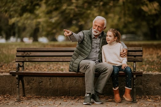 Handsome grandfather spending time with his granddaughter on bench in park on autumn day