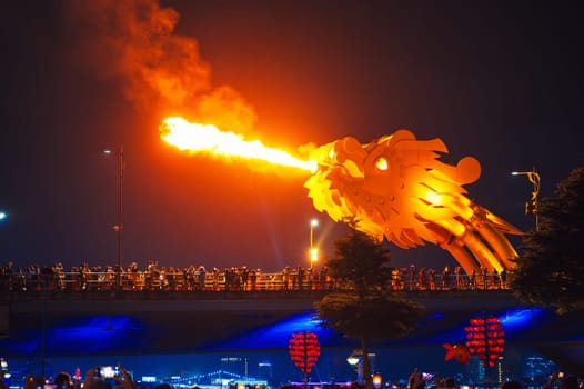 Fire show on the Cau rong Dragon Bridge in Da Nang in Vietnam in Asia at night