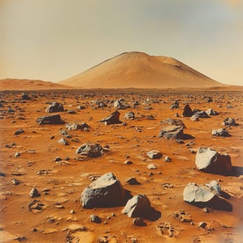 Barren rocky terrain showcases the Martian surface of Mars, the red planet, with scattered stones and a distant volcanic hill under a clear sky.