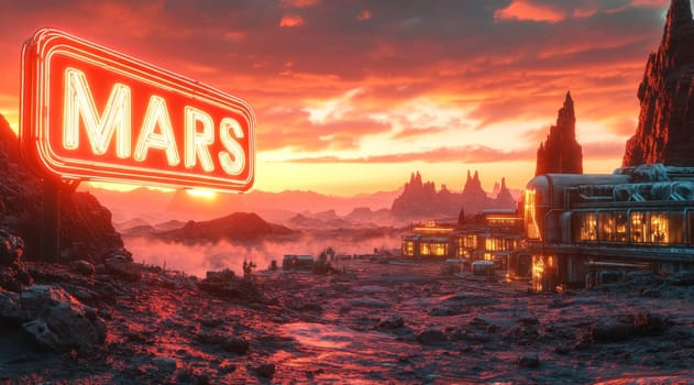 A glowing sign reading Mars highlights a settlement on the Martian surface, where structures reflect the vibrant colors of a sunset on the red planet, surrounded by rugged terrain and distant peaks.