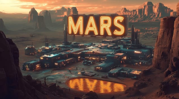 A bustling settlement thrives on the Martian surface, highlighted by the illuminated sign MARS. Towering rock formations surround the structures, creating an otherworldly atmosphere.