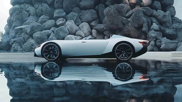 White luxury sports car is parked on a wet pavement by a rock wall, reflecting in the water. The image evokes feelings of luxury, power, and exclusivity