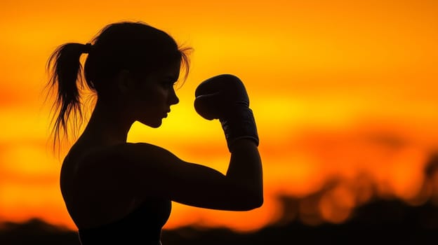 Silhouette of a female boxer showing her boxing gloves at sunset