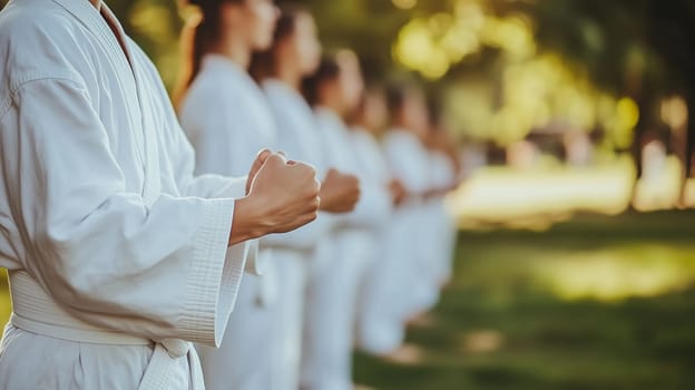 Group of martial arts students practicing together outdoors, wearing white kimonos and holding fists in fighting stance