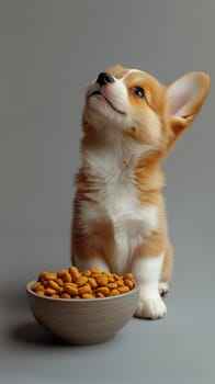 Adorable corgi puppy sitting near a bowl of dry food, looking up with expectation, on a gray background
