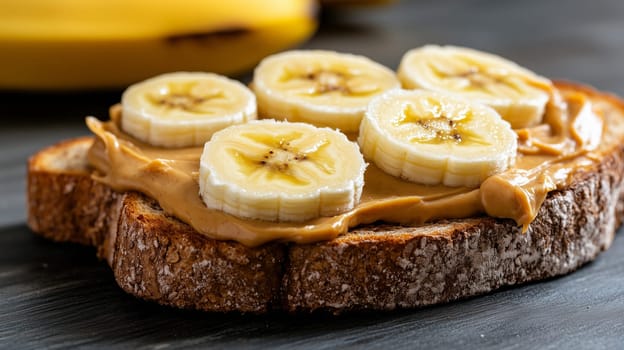 Toast with peanut butter and banana slices creating a healthy and delicious snack or breakfast