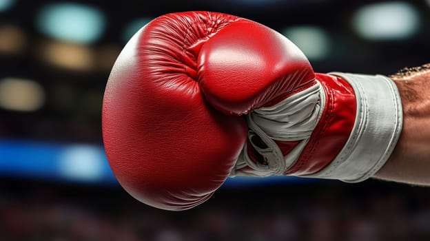 Close-up of red boxing glove, showcasing the anticipation and power of a boxer in the ring, ready for the next punch