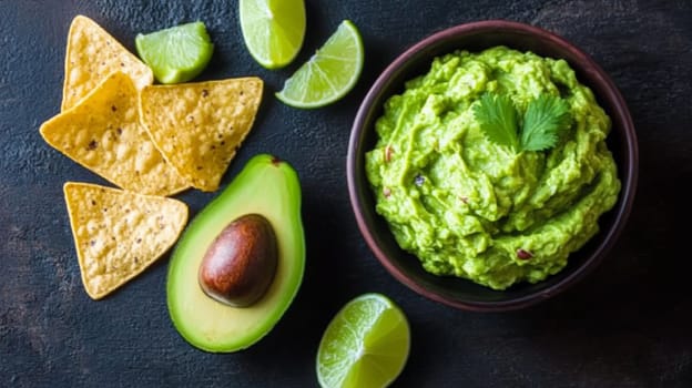 Bowl of guacamole with nachos, avocado and lime slices served on a dark background, representing a healthy and delicious mexican snack