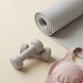 A flat lay of exercise equipment including a yoga mat, dumbbells, and a sports bra, arranged on a light-colored surface. Generative AI.