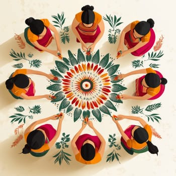 Women unite for a Hindu festival, skillfully creating a vibrant rangoli pattern.