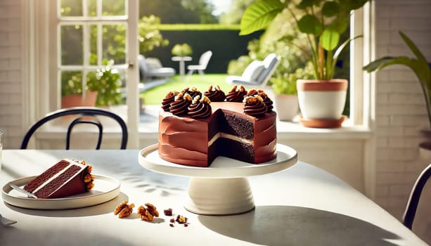 A beautifully presented chocolate cake with rich layers and chocolate frosting, displayed on a modern ceramic cake stand. The bright outdoor patio setting features soft sunlight and lush green garden views, creating a serene and inviting atmosphere.