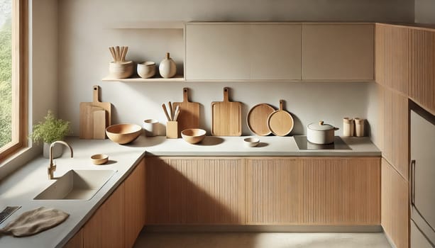 A cozy kitchen with wooden cabinets, bathed in soft sunlight streaming through large windows. Natural materials like wood and ceramic bowls are neatly arranged, creating an inviting and peaceful ambiance with warm, earthy tones.