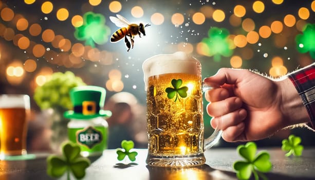 A close-up view of a beer mug with golden bubbles and foam, as a bee hovers nearby. Shamrock decorations and festive lights in the background enhance the vibrant St. Patrick's Day atmosphere.
