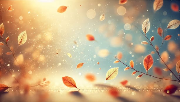 Small autumn leaves glow under warm sunlight with a highly blurred background and delicate, out-of-focus particles. The soft gradient of light blue and golden hues creates a peaceful, tranquil scene, perfect for text overlays.