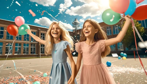 Celebrating the end of the school year, children are basked in sunshine as they frolic among multicolored balloons and streams of glittering confetti. Their faces radiant with smiles, they capture the pure essence of joy and the accomplishment of another academic milestone.