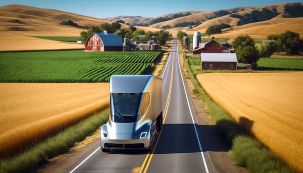 The suns morning rays cast a warm glow over lush fields, where an electric truck cruises smoothly along the open road, symbolizing a new era of sustainable agriculture and transport.