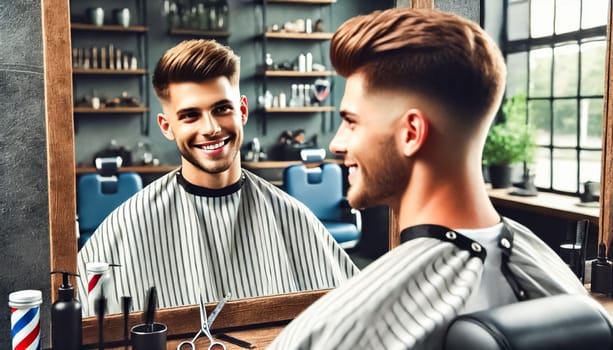 A young man checks his fresh haircut in a handheld mirror, captured from the side in a barbershop. The barber stands beside him, smiling with satisfaction, while the background remains slightly blurred to focus on the moment.