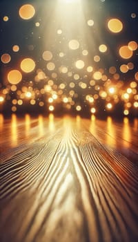 A close-up vertical shot of a polished wooden floor bathed in the warm glow of soft bokeh lights. The rich wood texture contrasts beautifully with the dreamy, golden orbs of light floating just above, creating a peaceful ambiance.
