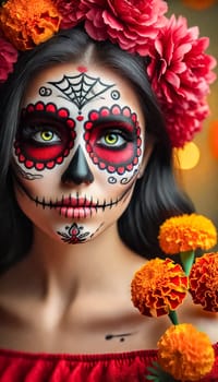 A medium-shot portrait captures a woman in vibrant Dia de los Muertos makeup, blending black, white, and red details. Her marigold and white rose flower crown adds elegance, as she stands against a warm, blurred background filled with festive lights and decorations.