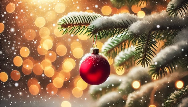 A red Christmas ornament hangs sharply focused from a snow-covered branch, with warm bokeh lights blurring softly in the background. Snowflakes rest on the needles, capturing the festive and serene spirit of the holiday season.