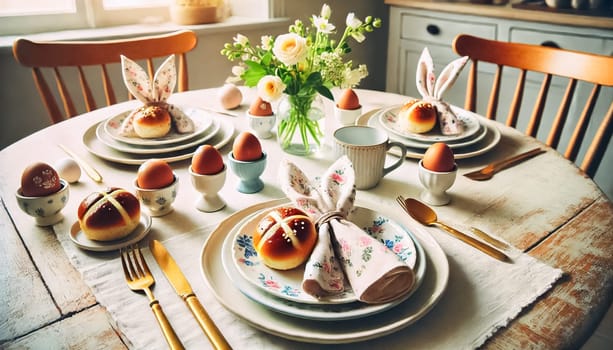 These images feature a simple, cozy Easter brunch table set for a small family gathering. Floral plates, pastel-colored eggs, and bunny-ear napkins create a relaxed atmosphere. Hot cross buns and golden cutlery complete the setting, with a small bouquet of spring flowers adding a warm, intimate touch.