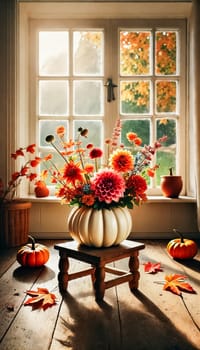 A cozy autumn arrangement of vibrant dahlias in shades of orange, pink, and peach blooms inside a white pumpkin vase. The sunlight streaming through the window softly illuminates the petals, casting gentle shadows, evoking warmth and serenity.