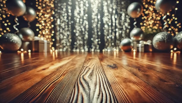 A polished wooden floor reflects shimmering silver bokeh lights with varied particle sizes. Confetti is scattered at the bottom, creating a festive and magical atmosphere perfect for elegant celebrations.