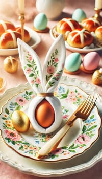 This image showcase a beautifully arranged Easter brunch table with a sophisticated theme. Delicate decorations include a brown egg wrapped in a white napkin folded like bunny ears, golden cutlery, and floral-patterned plates holding fresh hot cross buns. The table is adorned with golden and pastel-colored chocolate eggs, contributing to a bright, cheerful, and festive atmosphere perfect for an elegant Easter celebration.