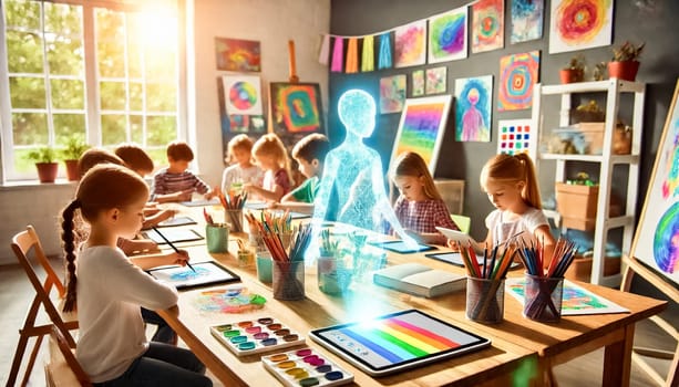 In a bright art classroom, children aged 8-9 work on digital art projects guided by a holographic AI. The AI, a glowing translucent figure, hovers above the table, providing color suggestions and technique tips. The room is filled with colorful supplies, artwork, and sunlight streaming through large windows, creating an inspiring environment.