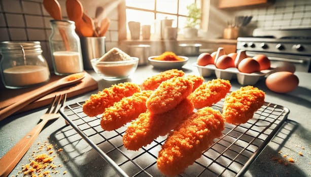 A highly detailed, close-up view of freshly baked golden-brown breaded chicken tenders resting on a cooling rack. The focus is on the crispy, textured breading, with natural light from a modern kitchen softly illuminating the scene, creating a warm and inviting atmosphere.