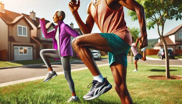 Two African American individuals over 50 are working out in a peaceful suburban park, jogging and stretching amid lush greenery. The serene setting features trees, clear skies, and distant suburban homes.
