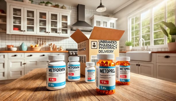 The image captures prescription medication bottles labeled with a patient's name, delivered by an online pharmacy. The background features a warm, homey kitchen with soft lighting and an open Amazon delivery box.