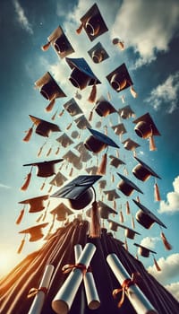 Black graduation caps, detailed with golden tassels, are frozen mid-air against a clear blue sky. Rays of sunlight shine through, creating a celebratory and dramatic atmosphere of success and accomplishment.