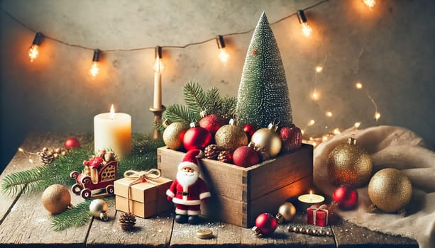 A festive yet minimal Christmas setup featuring red and gold ornaments in a wooden box with a Santa figure and candles softly glowing. The space is lightly decorated with presents and a small Christmas tree, creating a cozy holiday ambiance with a bright and open feel.