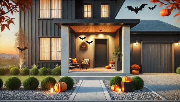 A sleek black and white house with a minimalist Halloween porch. Bats, pumpkins, and simple outdoor decor add to the festive yet modern vibe. Gravel landscaping with green plants surrounds the entry, creating a clean and organized front yard.