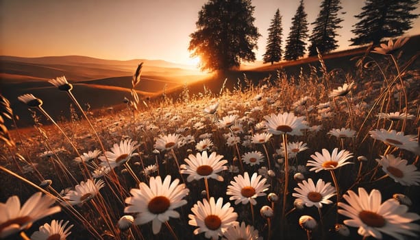 The daisies are bathed in soft, golden light from the setting sun. Their delicate petals create a beautiful contrast against the blurred, warm-toned background, adding a peaceful and dreamy quality to the scene.