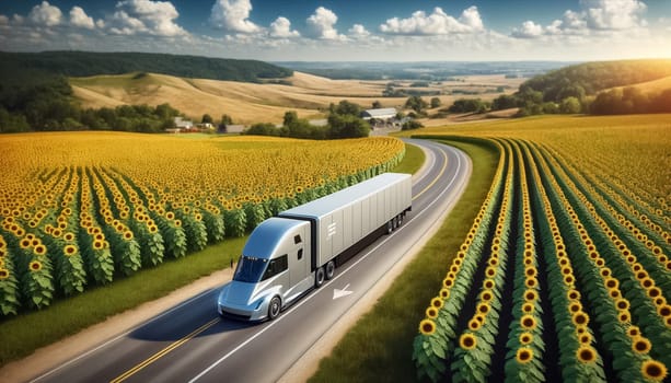 The electric truck is pictured effortlessly winding down a rural road surrounded by vibrant sunflower fields, under the vast, cloud-adorned sky at sunset.