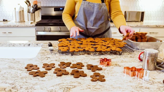 After baking to perfection, these delightful gingerbread cookies are now cooling gracefully on a wire rack, filling the modern kitchen with a warm and inviting aroma.