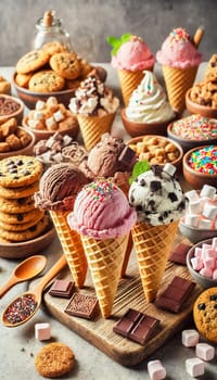 Overhead view of a dessert station showcasing vibrant ice cream scoops, cookies, and an array of toppings like sprinkles, marshmallows, and crushed pistachios. Various cookies and ice cream sandwiches are arranged neatly alongside bowls of candy and crunchy treats.