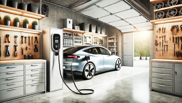 Inside a modern garage with a luxury electric car connected to a sleek, wall-mounted charging station. Natural light enters through the partially open garage door, illuminating the polished concrete floor and minimalist storage cabinets, creating a clean, functional space.